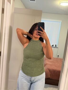 Zara Olive Green High-Neck Textured Tank
